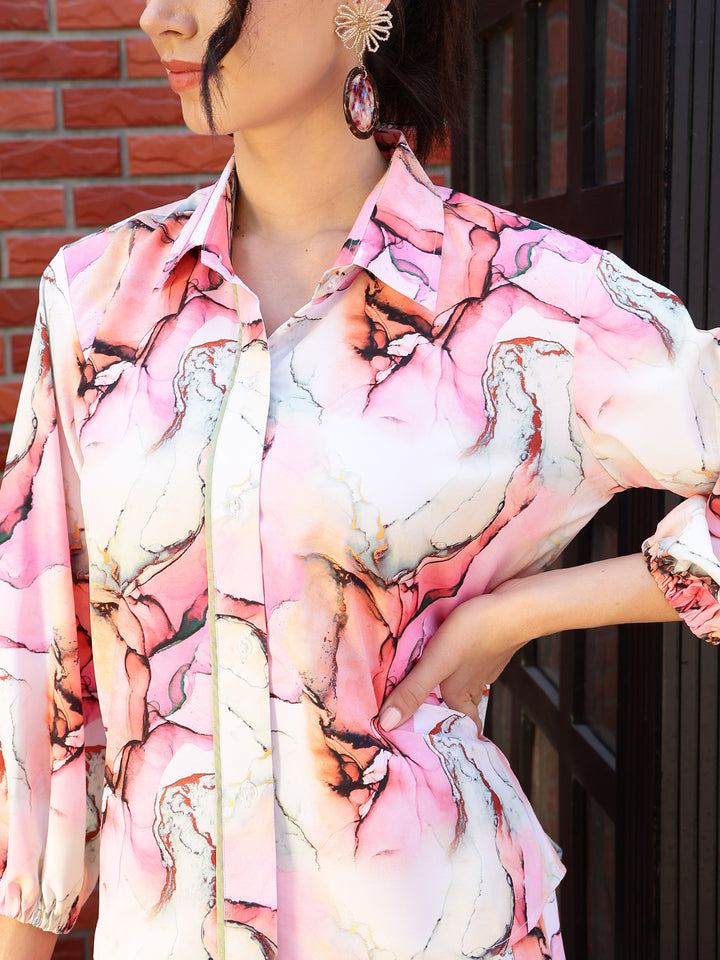 Printed Pink Rayon Co-Ords Set For Women