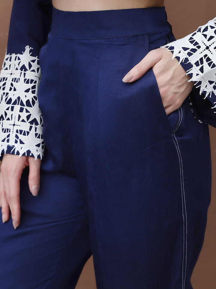 Notched Collar Denim Blue Glaze Cotton Co-ords Set For Women