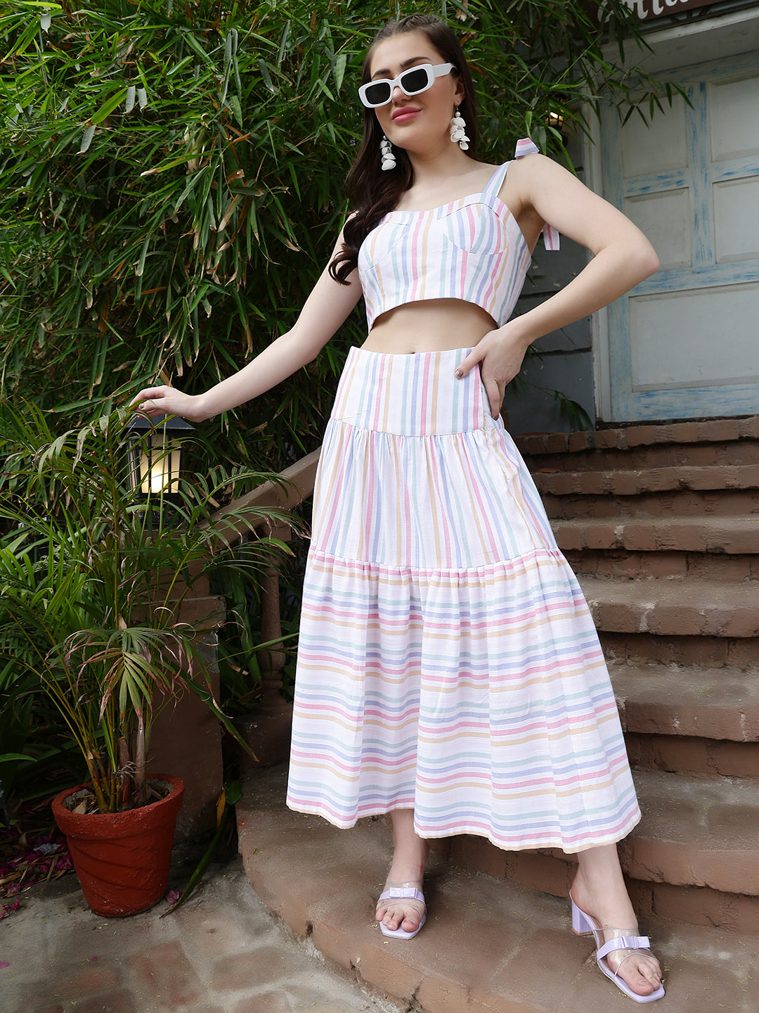 Striped Cotton With Shoulder Strap Knot and Maxi Skirt