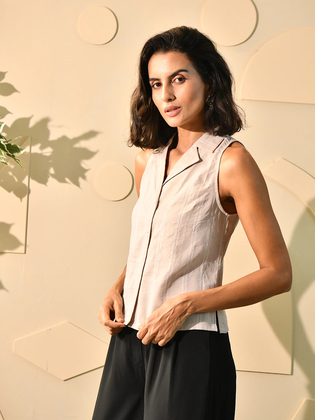 Beige Thread Notch Collar Shirt