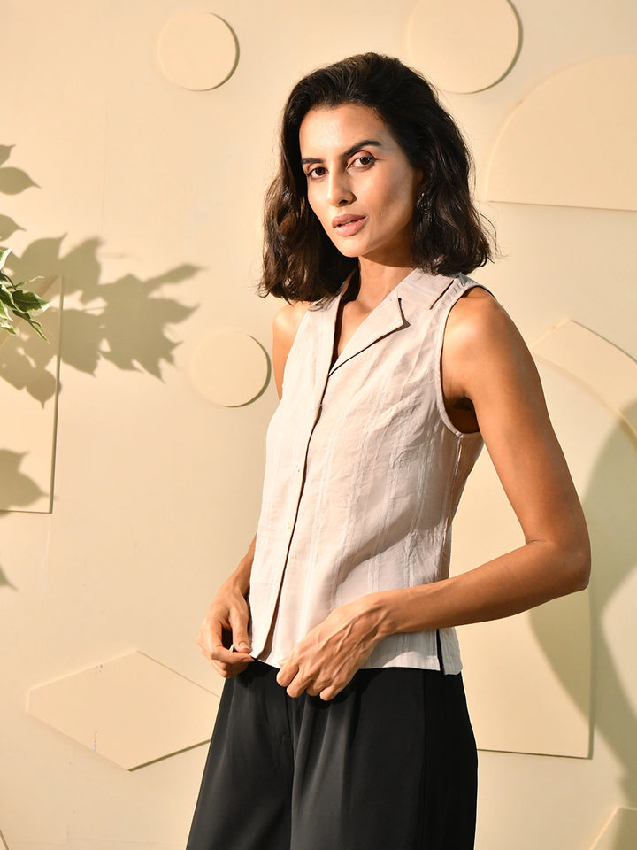 Beige Thread Notch Collar Shirt