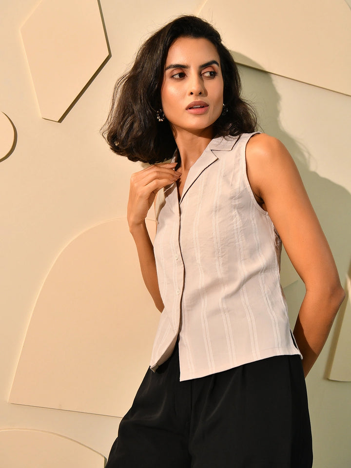 Beige Thread Notch Collar Shirt