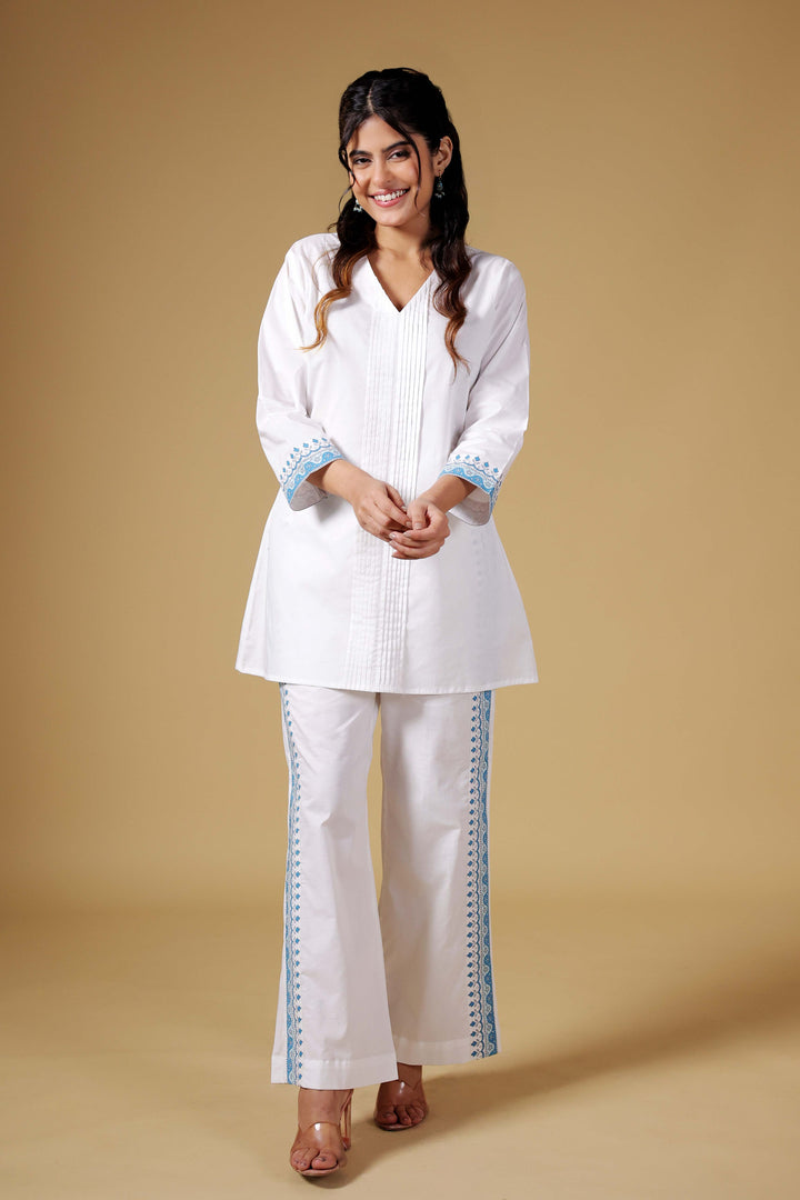 Azure Bloom Kurti Set in Pristine White