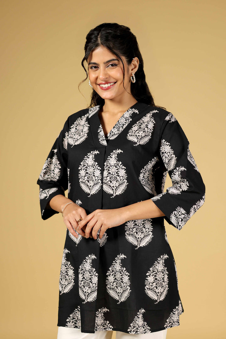 Noir Bloom Kurti With Ivory Palazzos