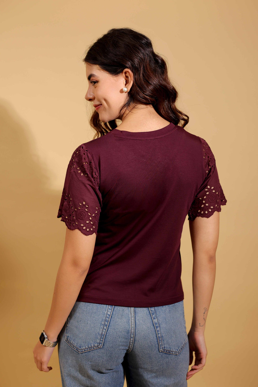 Maroon Magic Round Neck T-Shirt With Statement Sleeves