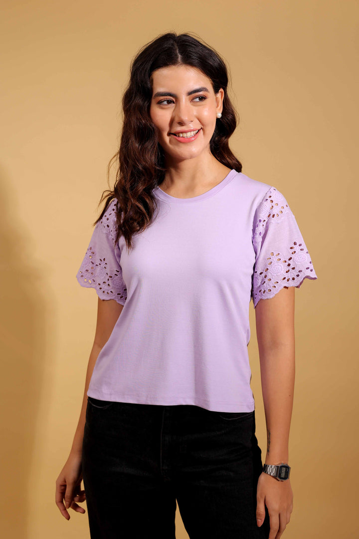 Purple Petal Round Neck T-Shirt With Statement Sleeves