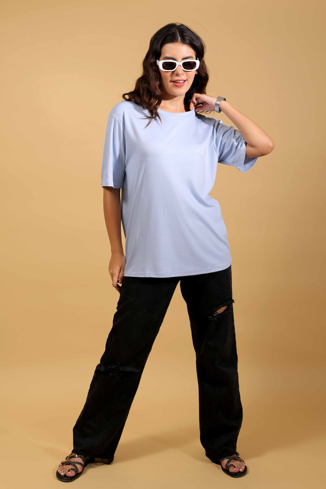 Skyline Blue Round Neck Loose Fit T-Shirt