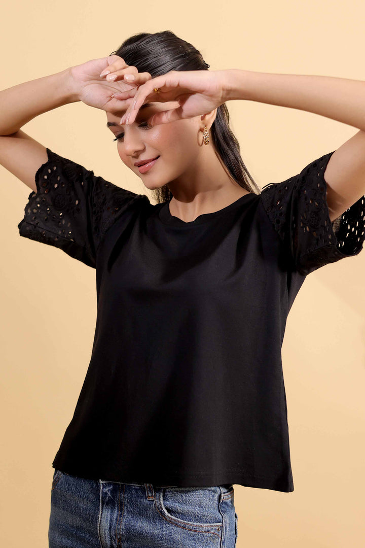 Midnight Black Round Neck T-Shirt With Statement Sleeves